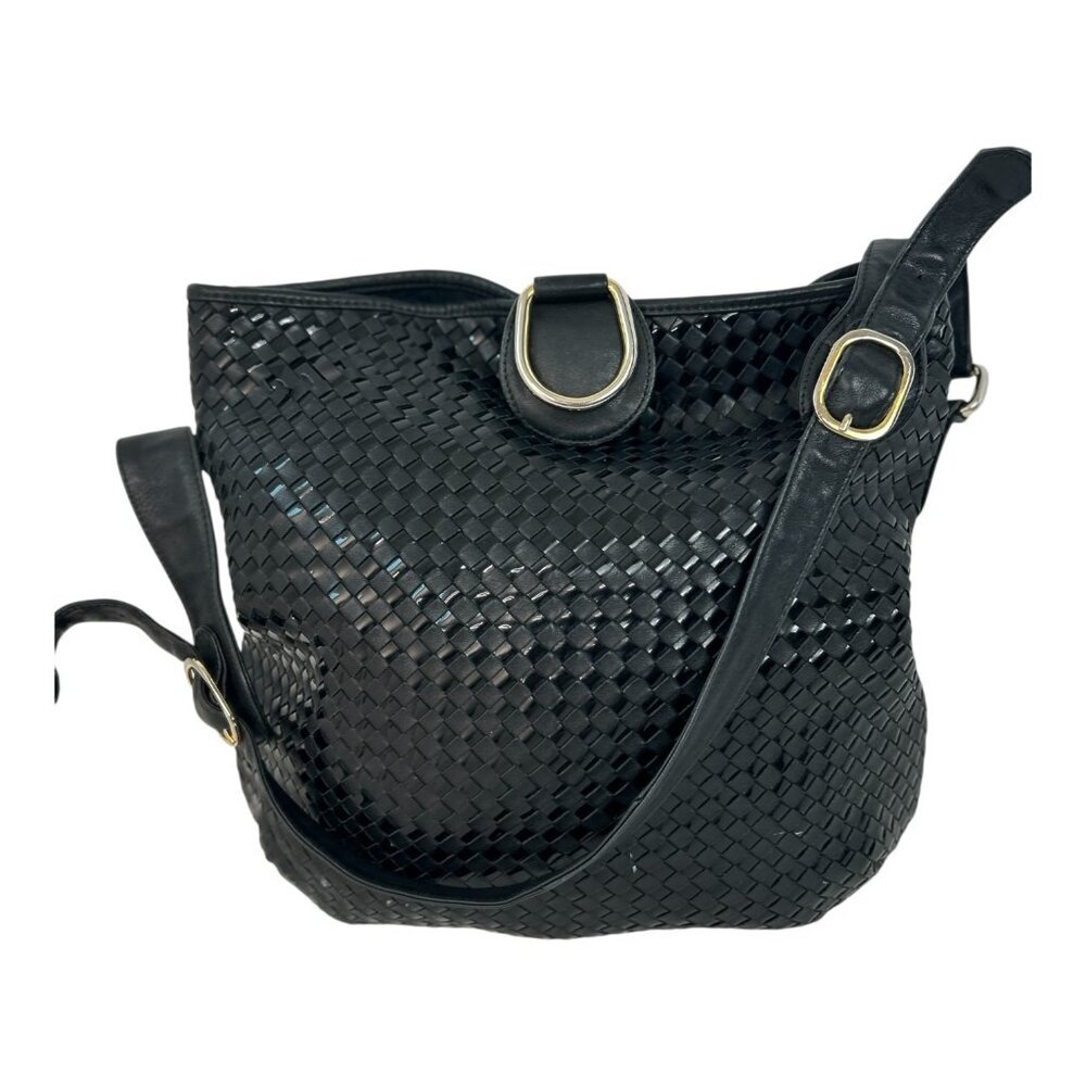 Vintage Ganson Black Leather Woven Handbag | Made in Hong Kong